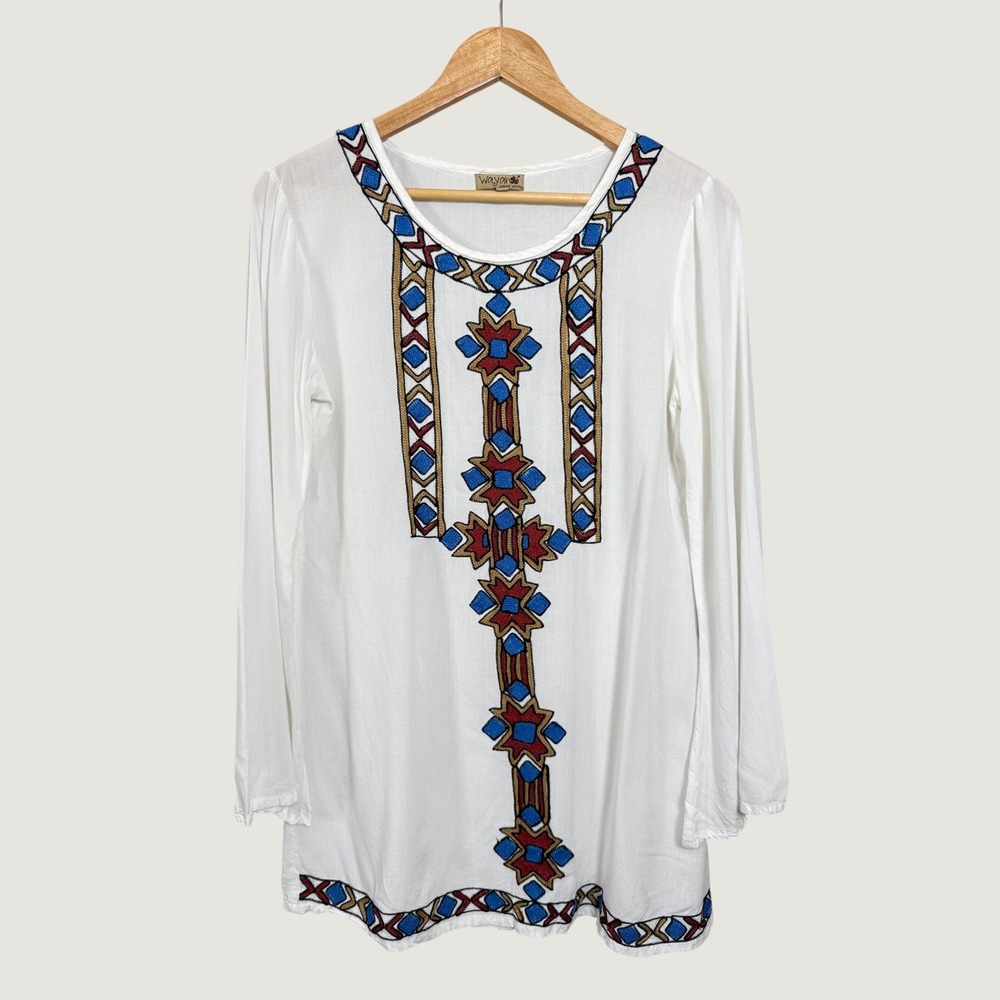 Wayan Natural Weare Women White Embroidered Boho Tunic Blouse Small Long Sleeve